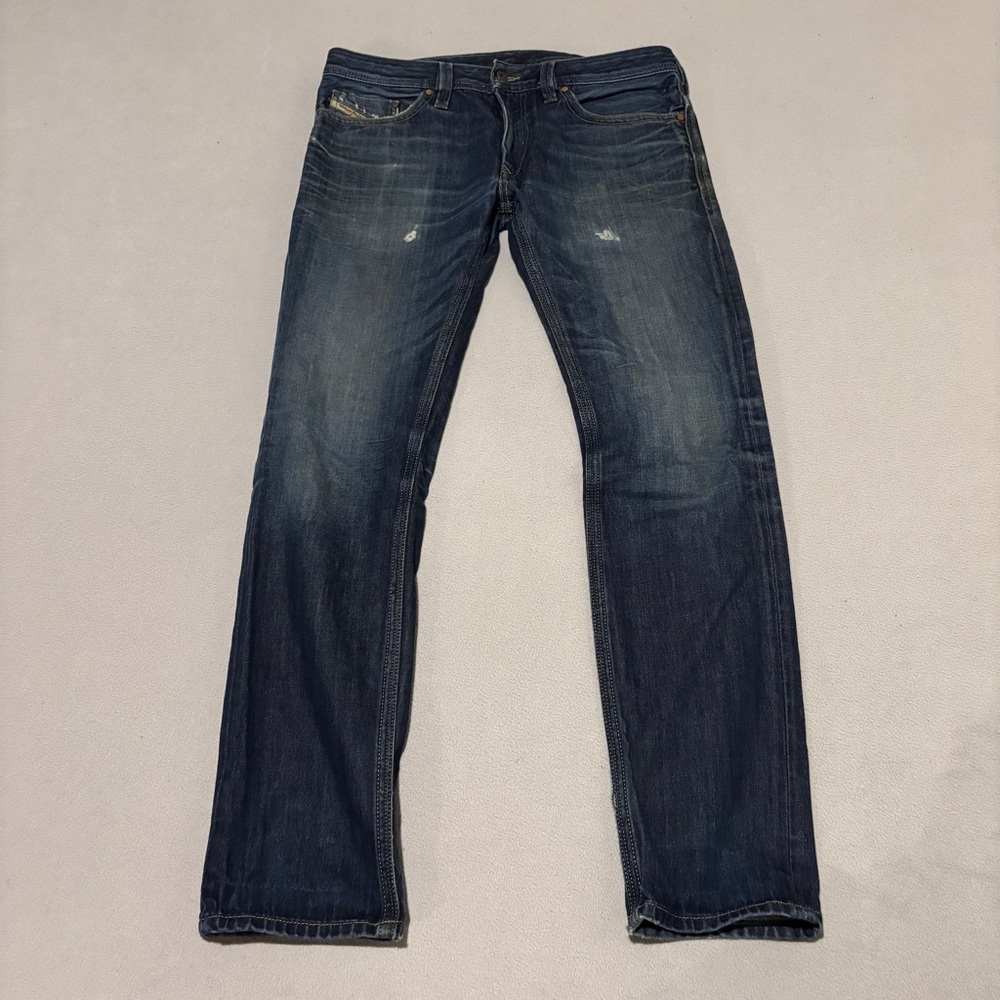 Diesel Thanaz Jeans Mens 34x32 Blue Denim Grunge Slim Distressed WASH 0073N